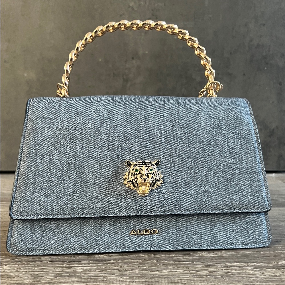 Aldo Blue Denim-Textured Top-Handle Satchel with Gold Chain